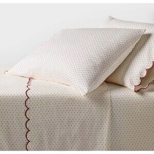 Twin/Twin XL 400 Thread Count Sheet Set Ivory Printed Dot with Red Scallop Hem